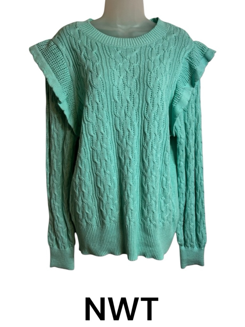 NWT Mint Cable Knit Ruffle-Shoulder Sweater   XLARGE     #10